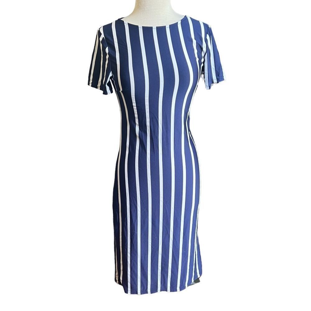 Navy Blue White Stretchy Short Sleeve MIDI Knee Length Pencil Bodycon Dress